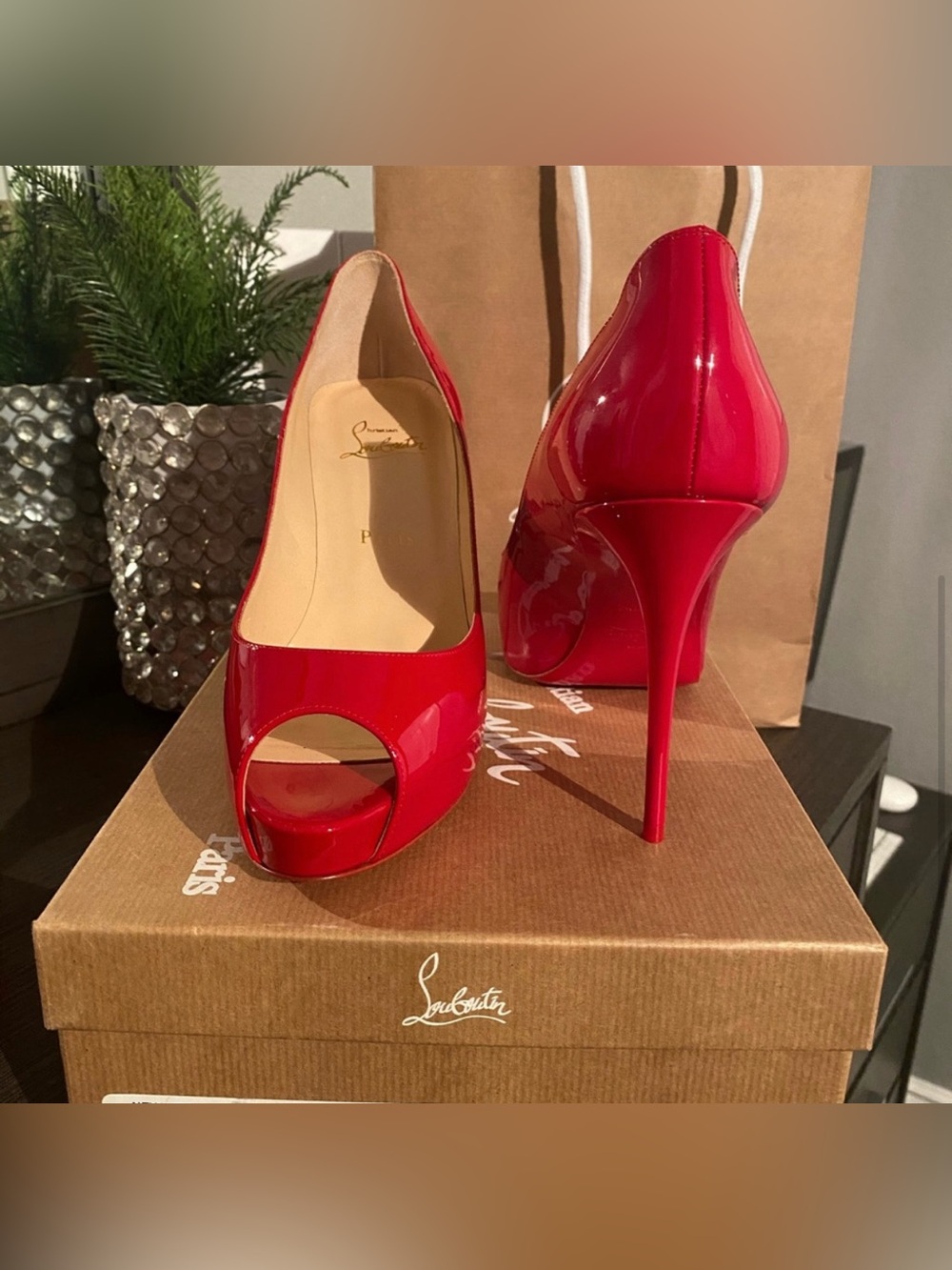 Christian Louboutin Red Patent Peep-Toe Stilettos